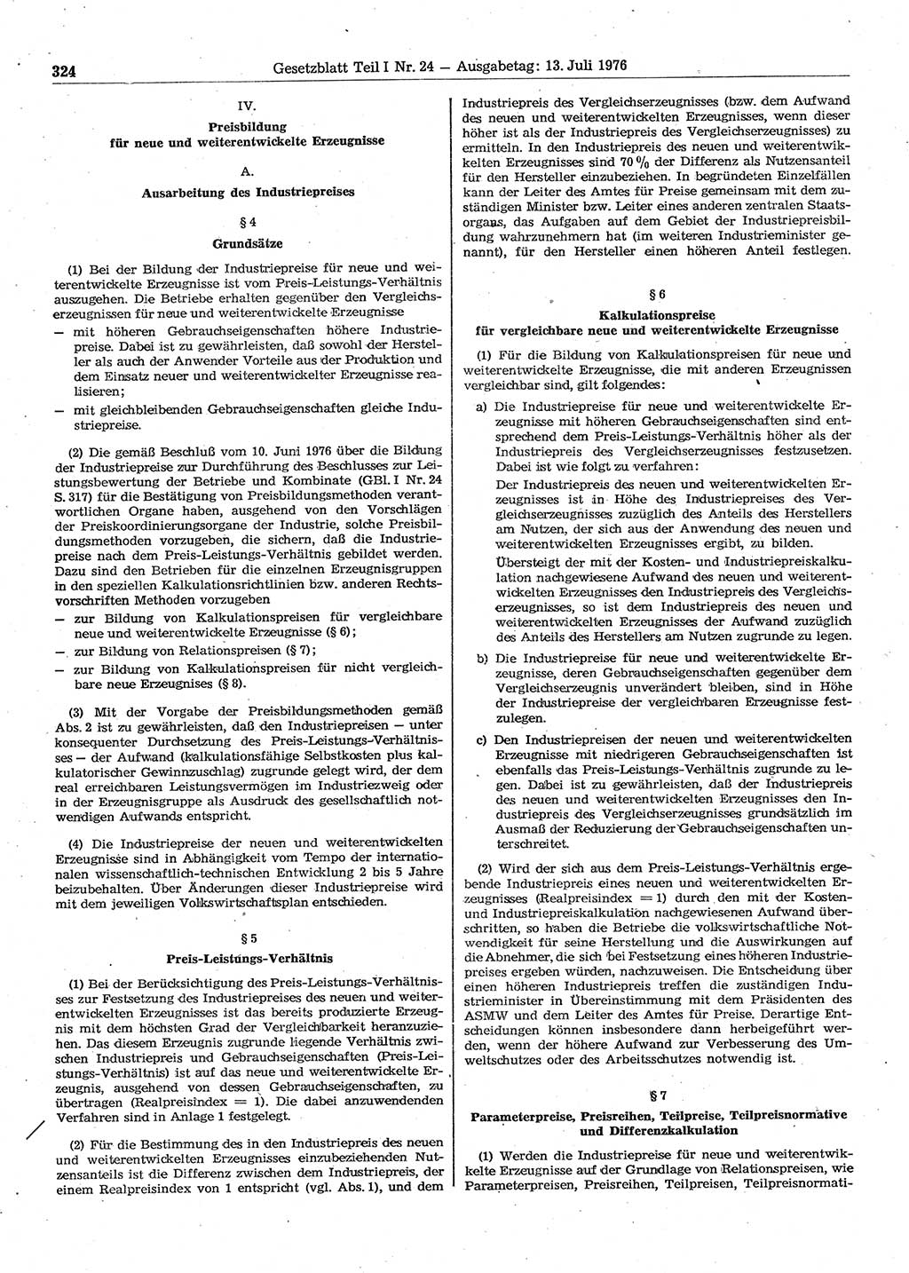 Gesetzblatt (GBl.) der Deutschen Demokratischen Republik (DDR) Teil Ⅰ 1976, Seite 324 (GBl. DDR Ⅰ 1976, S. 324)