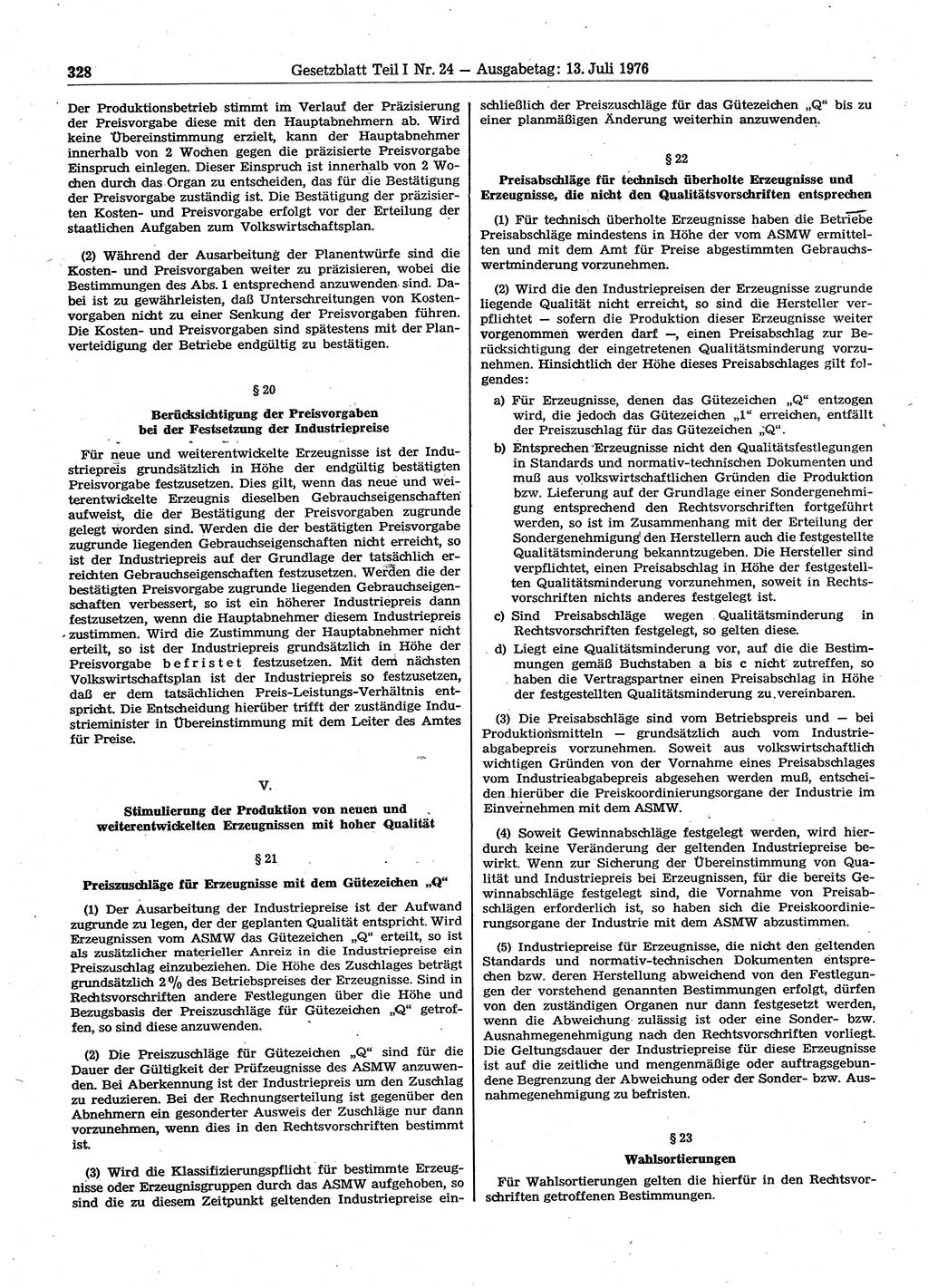 Gesetzblatt (GBl.) der Deutschen Demokratischen Republik (DDR) Teil Ⅰ 1976, Seite 328 (GBl. DDR Ⅰ 1976, S. 328)