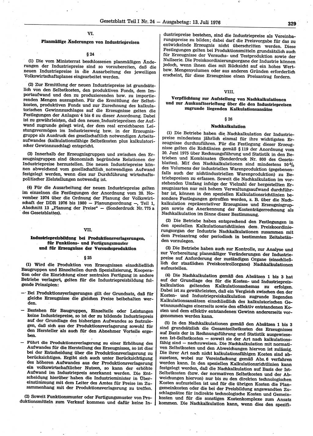 Gesetzblatt (GBl.) der Deutschen Demokratischen Republik (DDR) Teil Ⅰ 1976, Seite 329 (GBl. DDR Ⅰ 1976, S. 329)