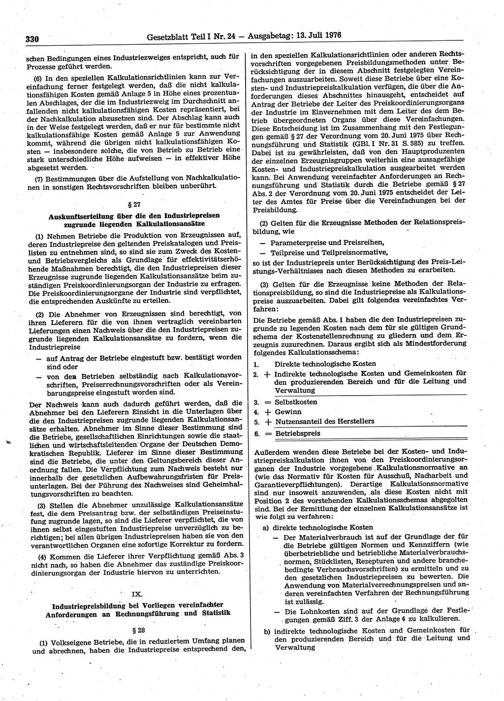 Gesetzblatt (GBl.) der Deutschen Demokratischen Republik (DDR) Teil Ⅰ 1976, Seite 330 (GBl. DDR Ⅰ 1976, S. 330)