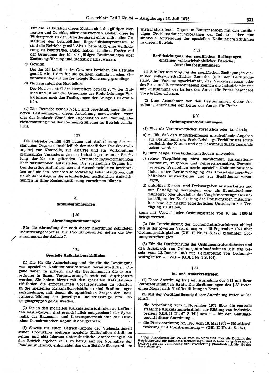Gesetzblatt (GBl.) der Deutschen Demokratischen Republik (DDR) Teil Ⅰ 1976, Seite 331 (GBl. DDR Ⅰ 1976, S. 331)