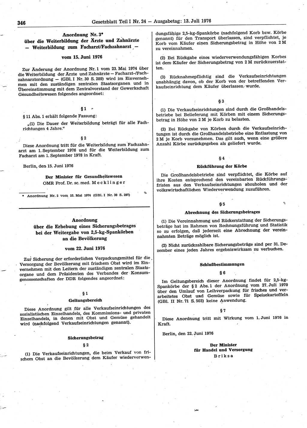 Gesetzblatt (GBl.) der Deutschen Demokratischen Republik (DDR) Teil Ⅰ 1976, Seite 346 (GBl. DDR Ⅰ 1976, S. 346)