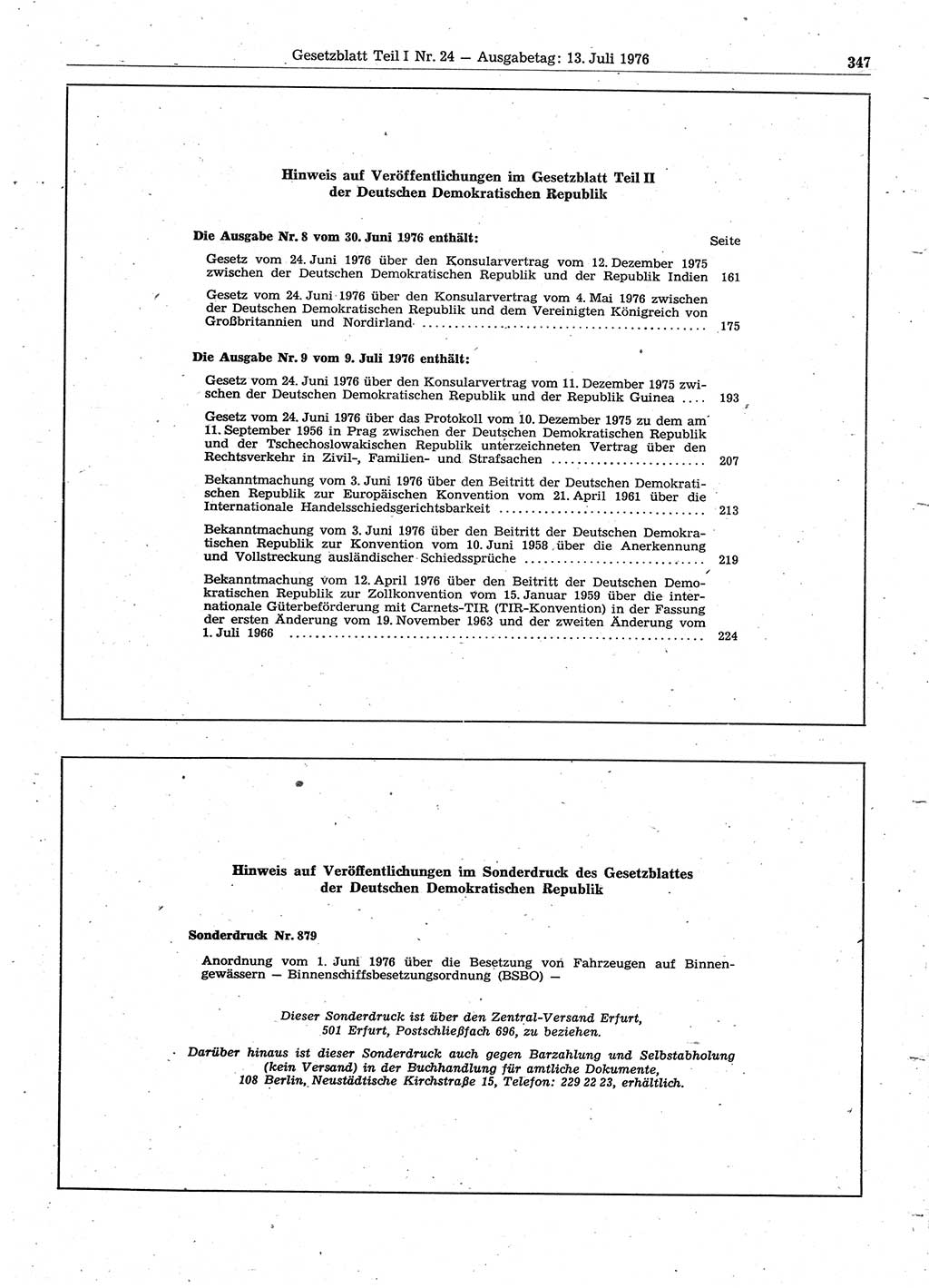 Gesetzblatt (GBl.) der Deutschen Demokratischen Republik (DDR) Teil Ⅰ 1976, Seite 347 (GBl. DDR Ⅰ 1976, S. 347)