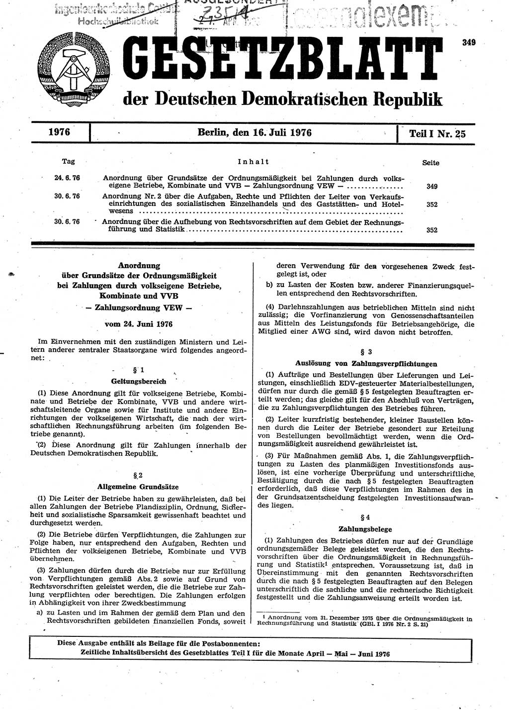 Gesetzblatt (GBl.) der Deutschen Demokratischen Republik (DDR) Teil Ⅰ 1976, Seite 349 (GBl. DDR Ⅰ 1976, S. 349)