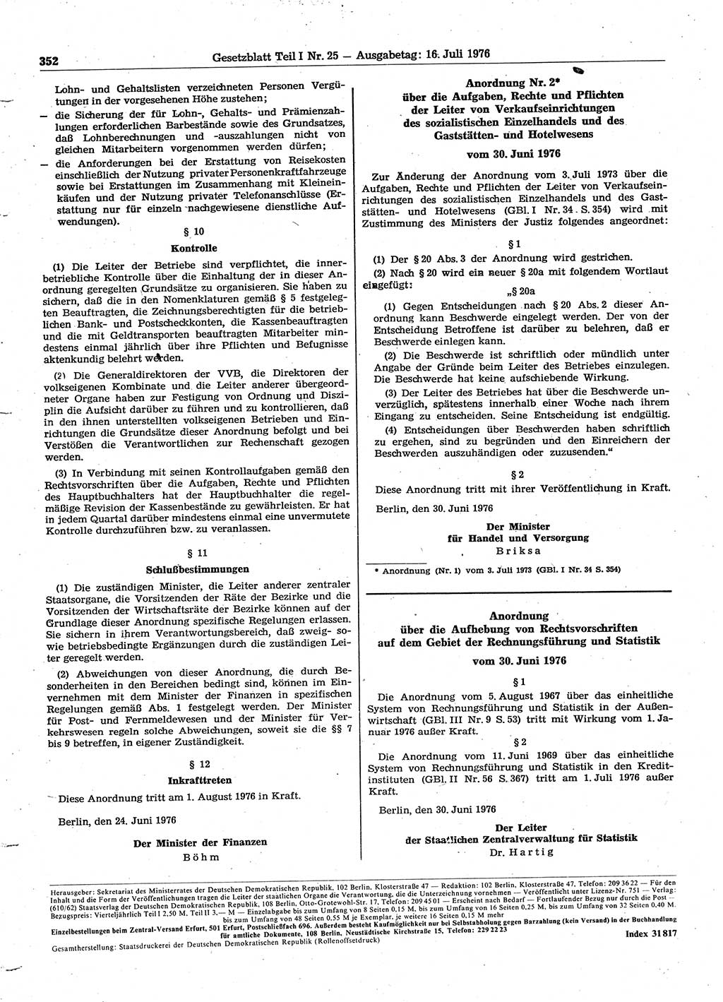 Gesetzblatt (GBl.) der Deutschen Demokratischen Republik (DDR) Teil Ⅰ 1976, Seite 352 (GBl. DDR Ⅰ 1976, S. 352)