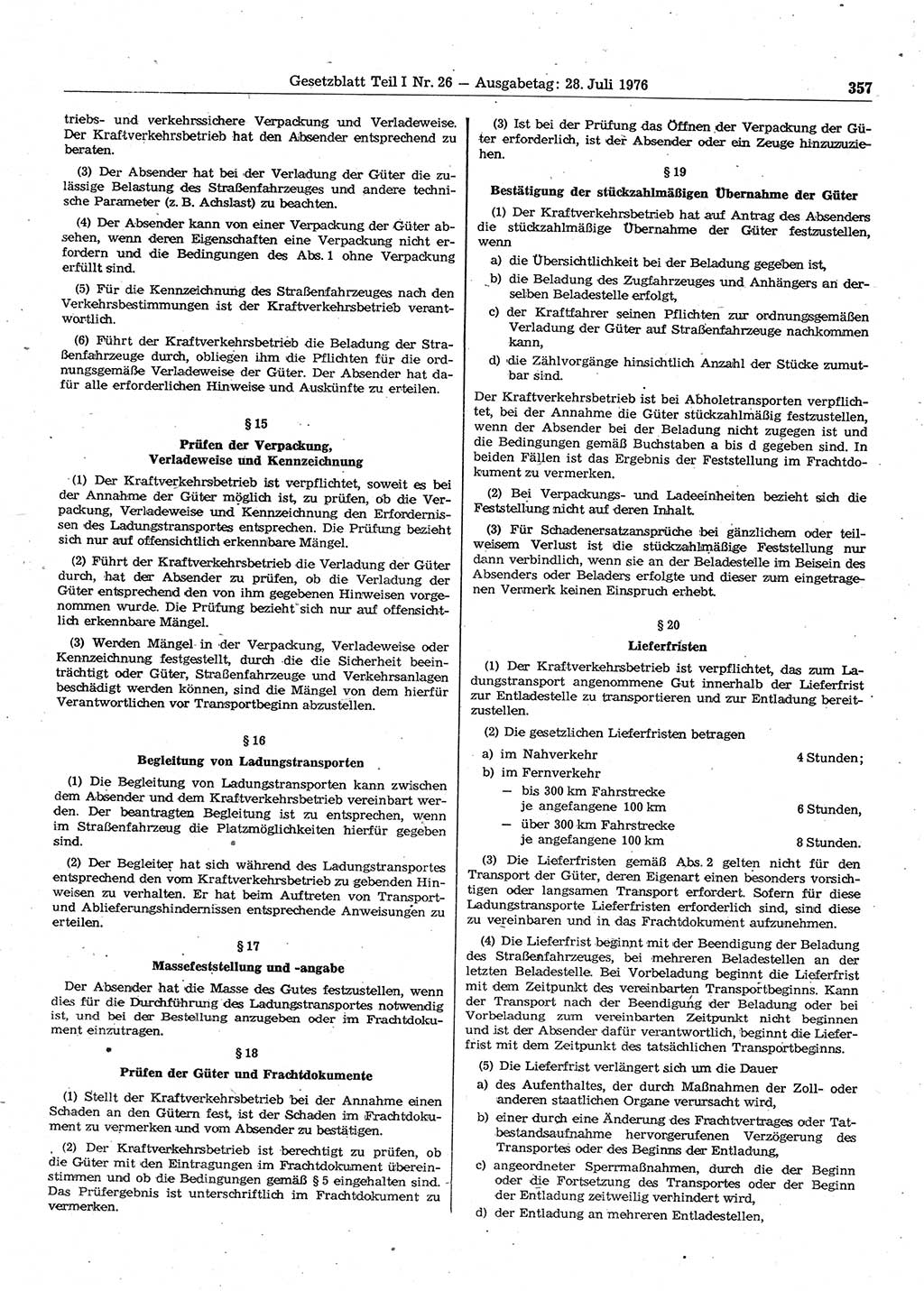 Gesetzblatt (GBl.) der Deutschen Demokratischen Republik (DDR) Teil Ⅰ 1976, Seite 357 (GBl. DDR Ⅰ 1976, S. 357)