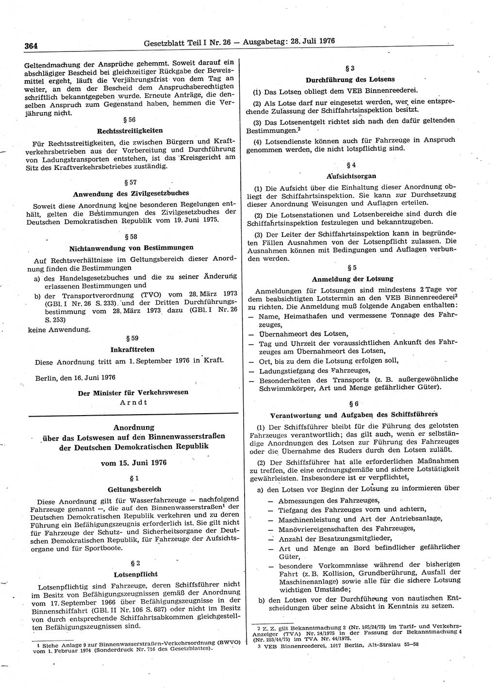 Gesetzblatt (GBl.) der Deutschen Demokratischen Republik (DDR) Teil Ⅰ 1976, Seite 364 (GBl. DDR Ⅰ 1976, S. 364)