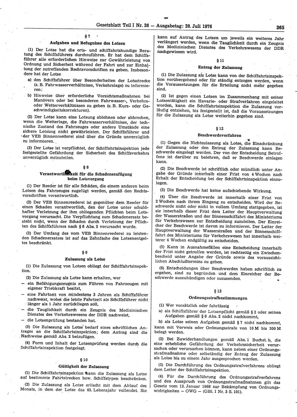 Gesetzblatt (GBl.) der Deutschen Demokratischen Republik (DDR) Teil Ⅰ 1976, Seite 365 (GBl. DDR Ⅰ 1976, S. 365)