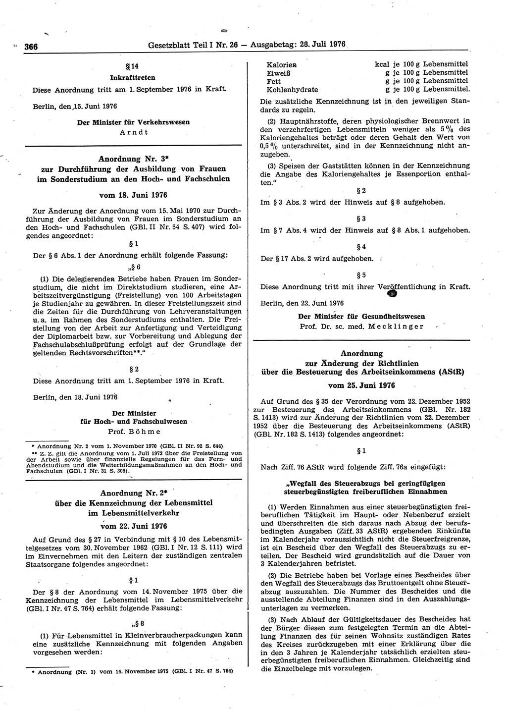 Gesetzblatt (GBl.) der Deutschen Demokratischen Republik (DDR) Teil Ⅰ 1976, Seite 366 (GBl. DDR Ⅰ 1976, S. 366)