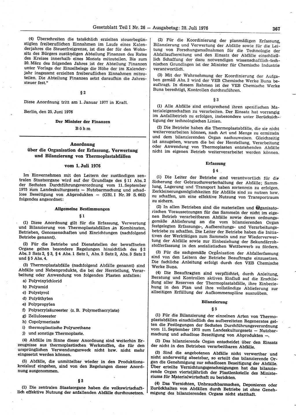 Gesetzblatt (GBl.) der Deutschen Demokratischen Republik (DDR) Teil Ⅰ 1976, Seite 367 (GBl. DDR Ⅰ 1976, S. 367)