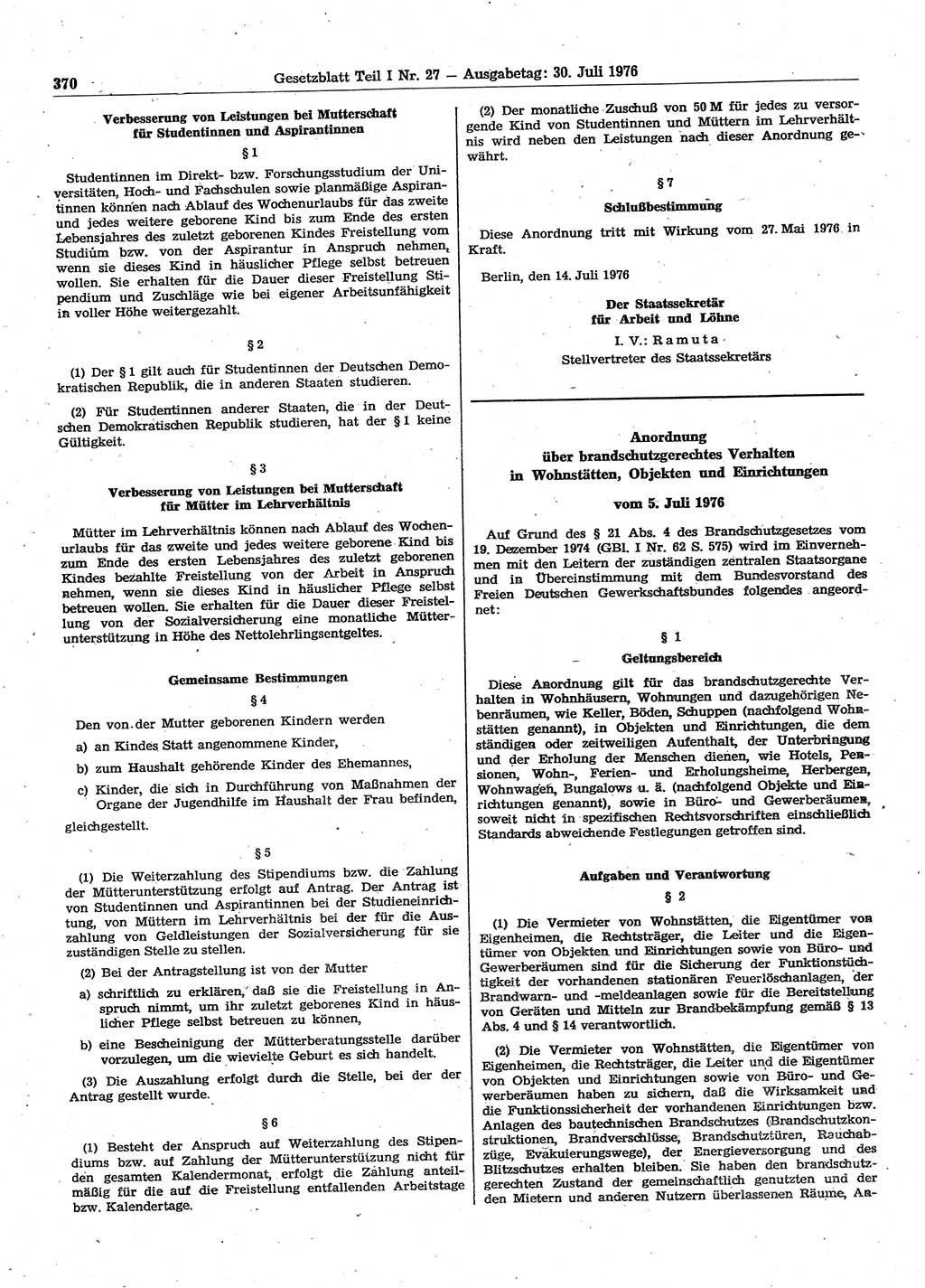 Gesetzblatt (GBl.) der Deutschen Demokratischen Republik (DDR) Teil Ⅰ 1976, Seite 370 (GBl. DDR Ⅰ 1976, S. 370)