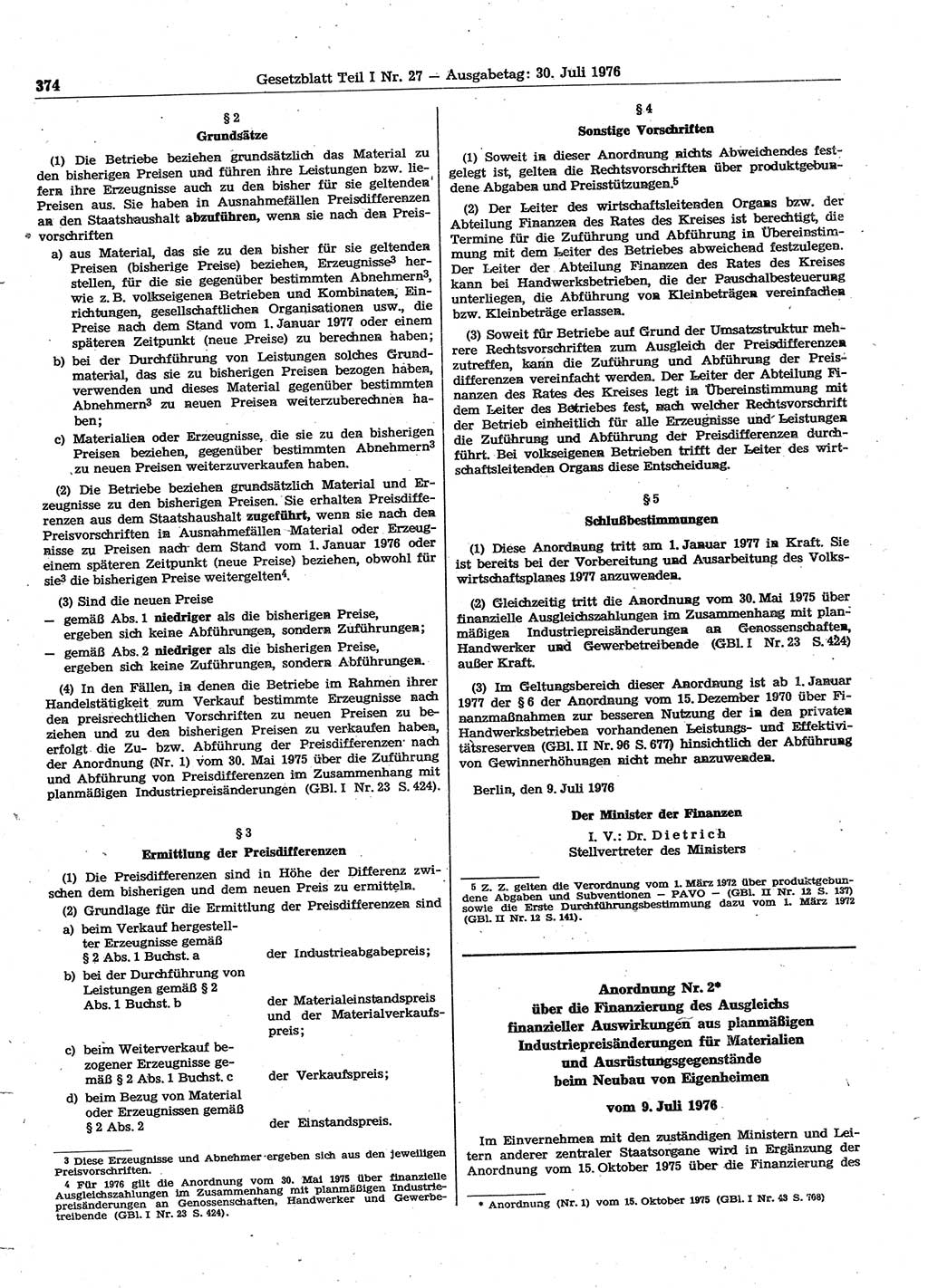Gesetzblatt (GBl.) der Deutschen Demokratischen Republik (DDR) Teil Ⅰ 1976, Seite 374 (GBl. DDR Ⅰ 1976, S. 374)