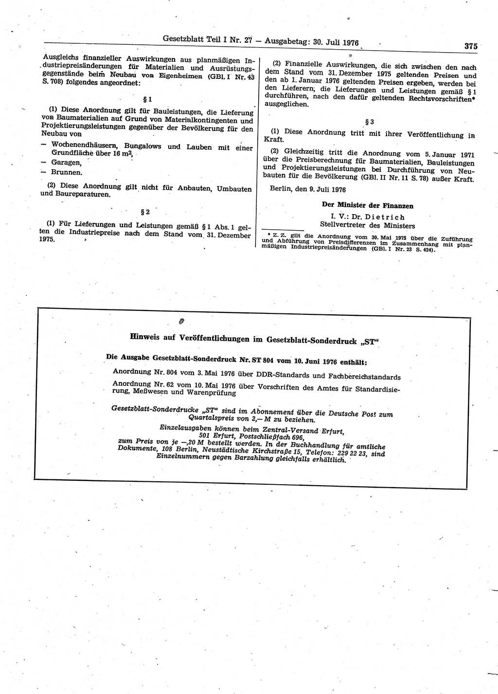 Gesetzblatt (GBl.) der Deutschen Demokratischen Republik (DDR) Teil Ⅰ 1976, Seite 375 (GBl. DDR Ⅰ 1976, S. 375)