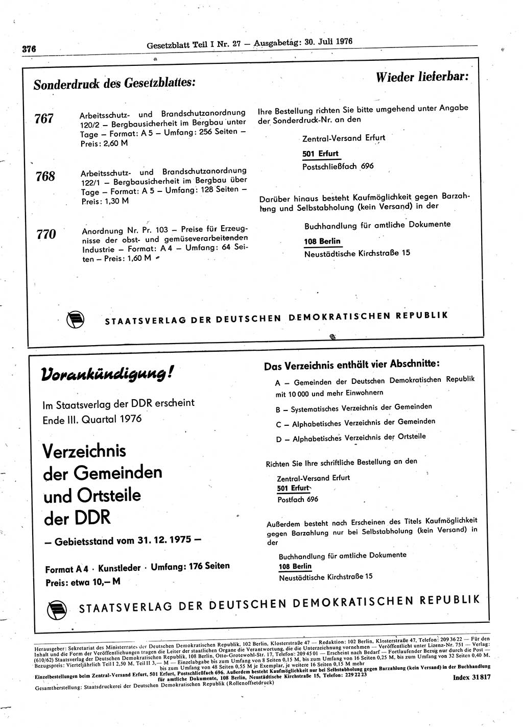 Gesetzblatt (GBl.) der Deutschen Demokratischen Republik (DDR) Teil Ⅰ 1976, Seite 376 (GBl. DDR Ⅰ 1976, S. 376)