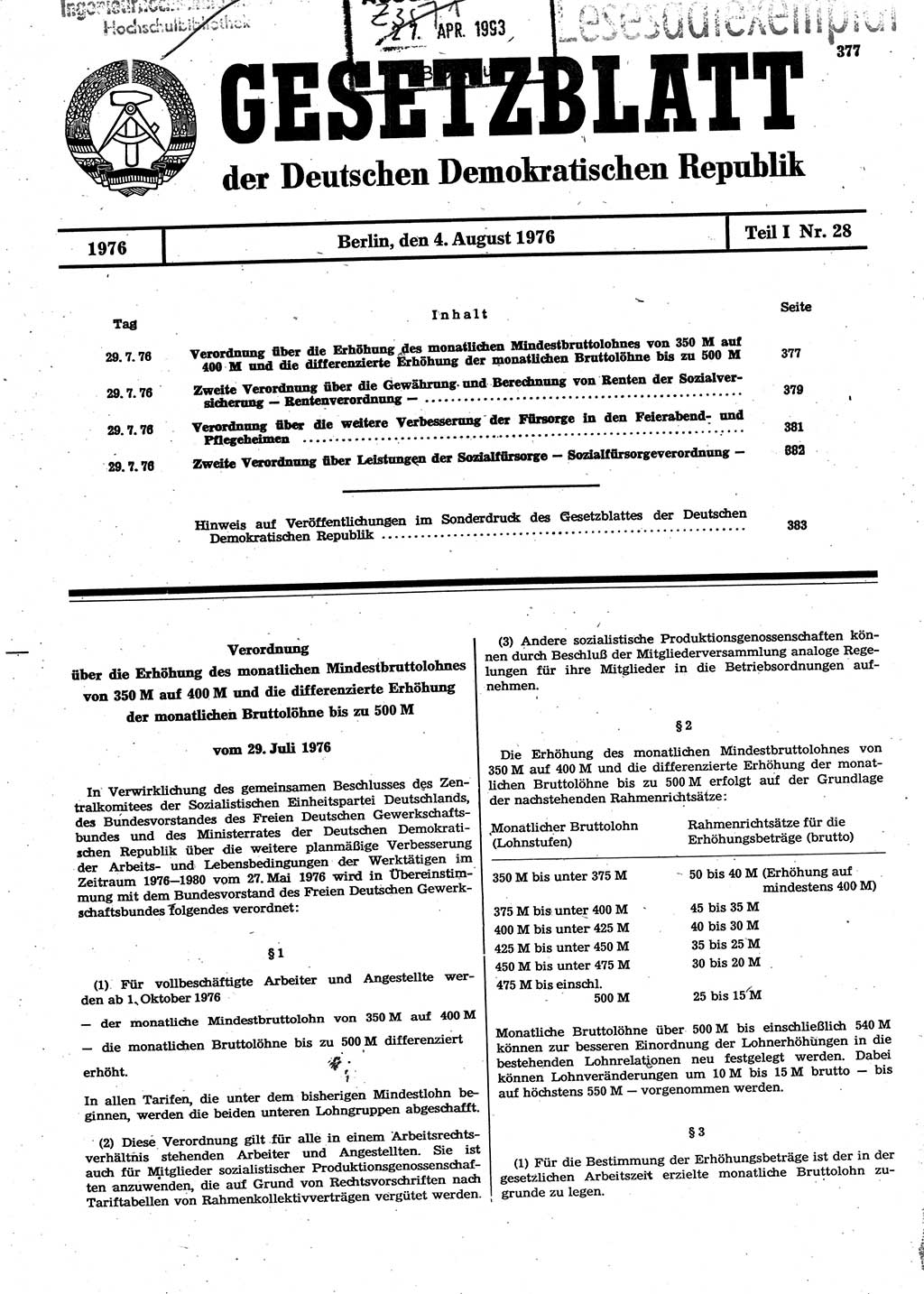 Gesetzblatt (GBl.) der Deutschen Demokratischen Republik (DDR) Teil Ⅰ 1976, Seite 377 (GBl. DDR Ⅰ 1976, S. 377)