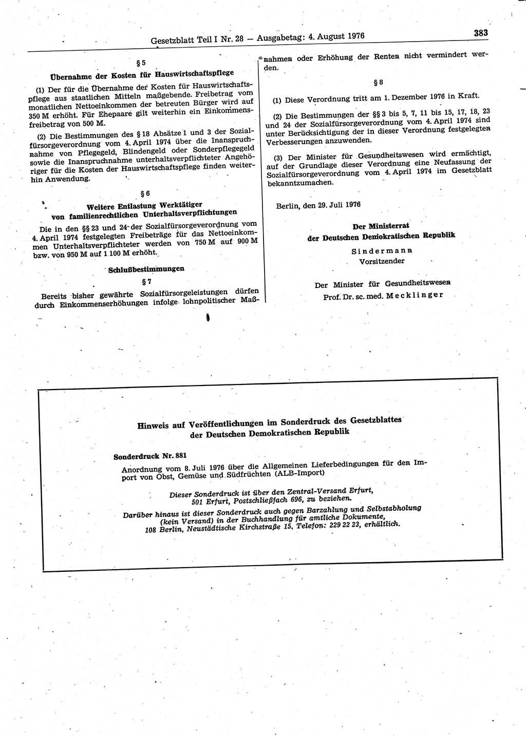 Gesetzblatt (GBl.) der Deutschen Demokratischen Republik (DDR) Teil Ⅰ 1976, Seite 383 (GBl. DDR Ⅰ 1976, S. 383)