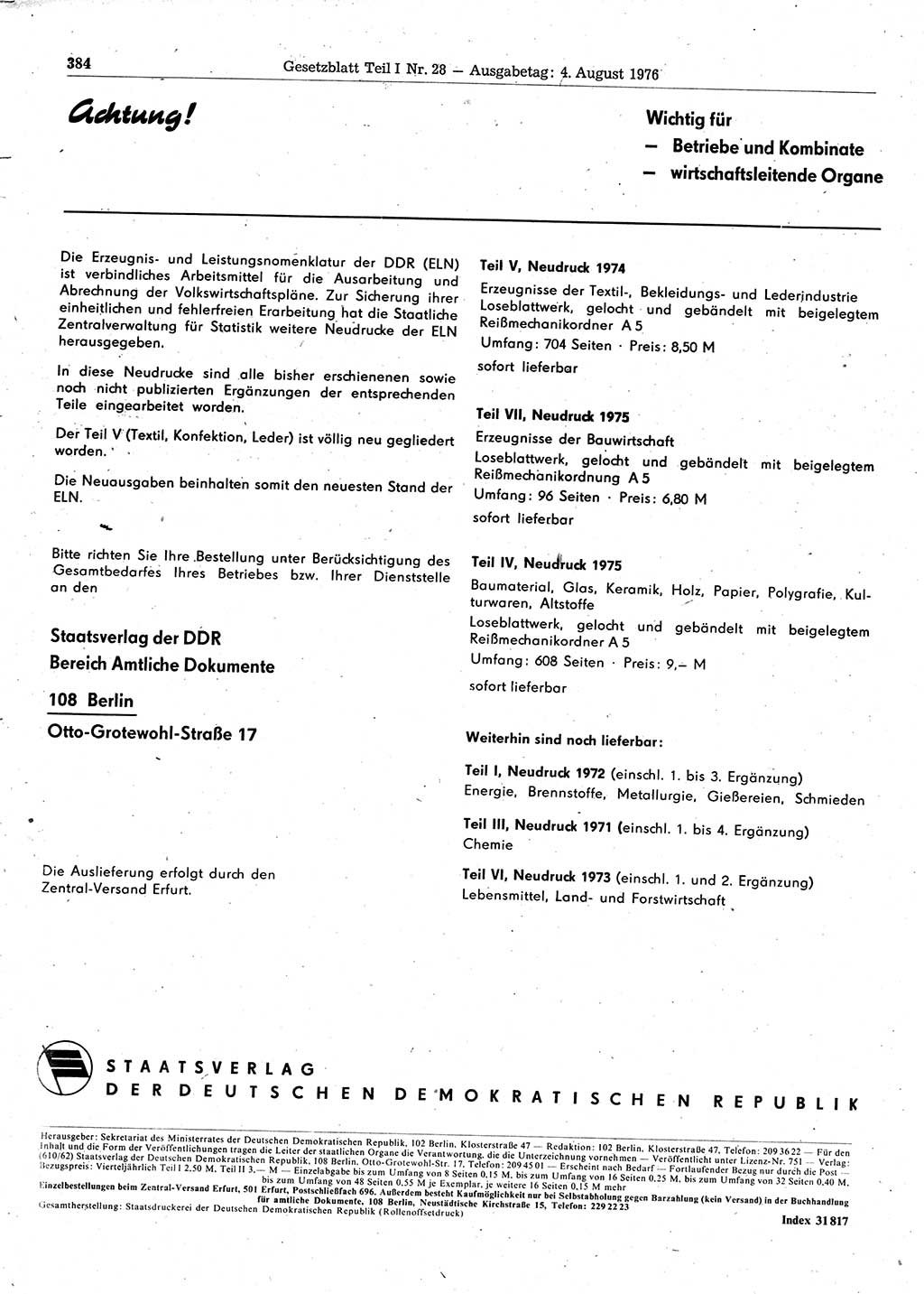 Gesetzblatt (GBl.) der Deutschen Demokratischen Republik (DDR) Teil Ⅰ 1976, Seite 384 (GBl. DDR Ⅰ 1976, S. 384)