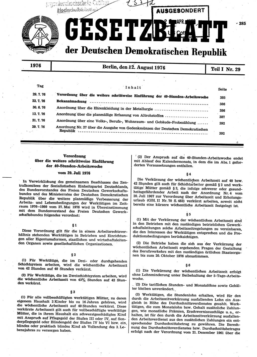 Gesetzblatt (GBl.) der Deutschen Demokratischen Republik (DDR) Teil Ⅰ 1976, Seite 385 (GBl. DDR Ⅰ 1976, S. 385)