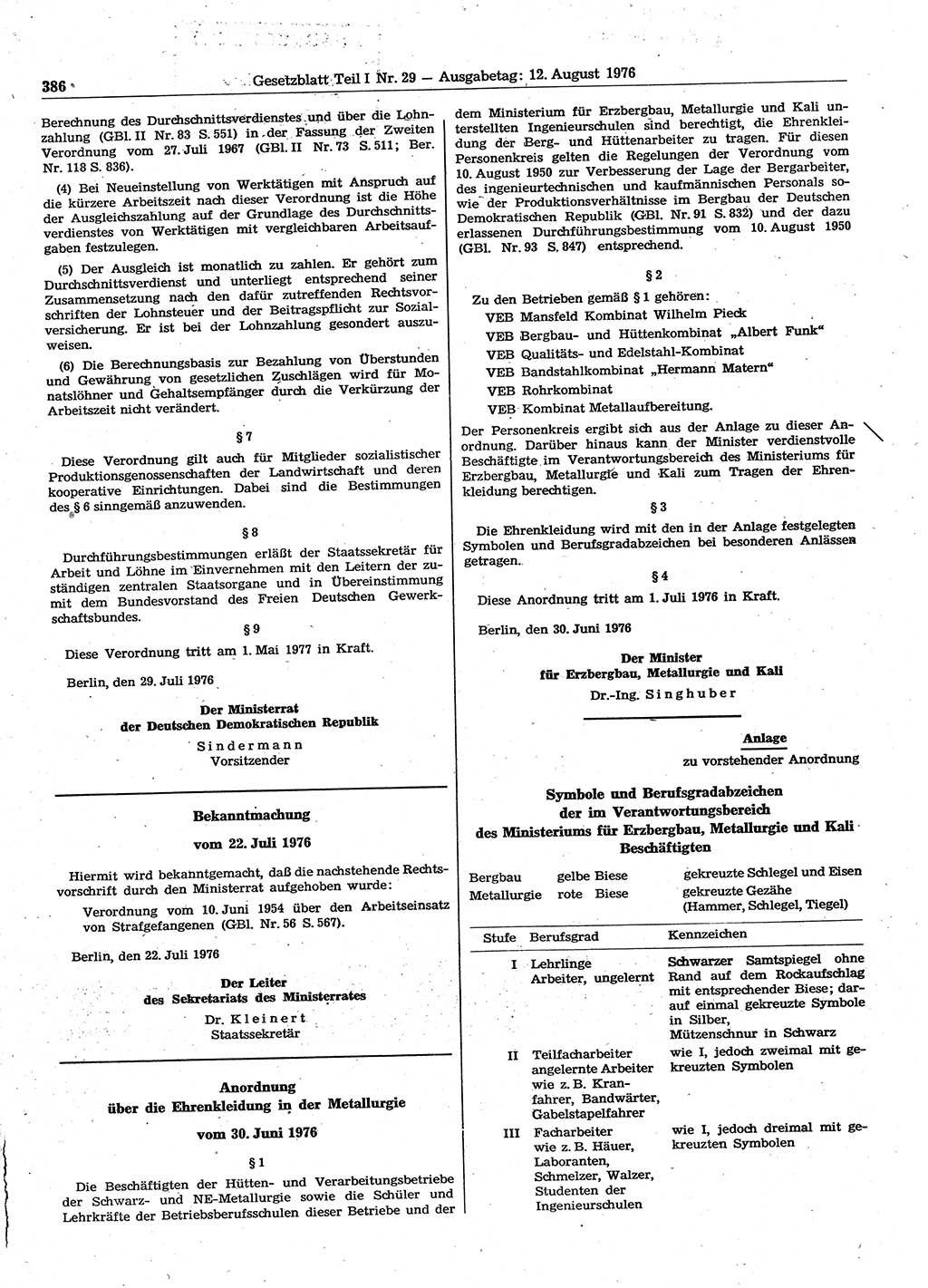 Gesetzblatt (GBl.) der Deutschen Demokratischen Republik (DDR) Teil Ⅰ 1976, Seite 386 (GBl. DDR Ⅰ 1976, S. 386)