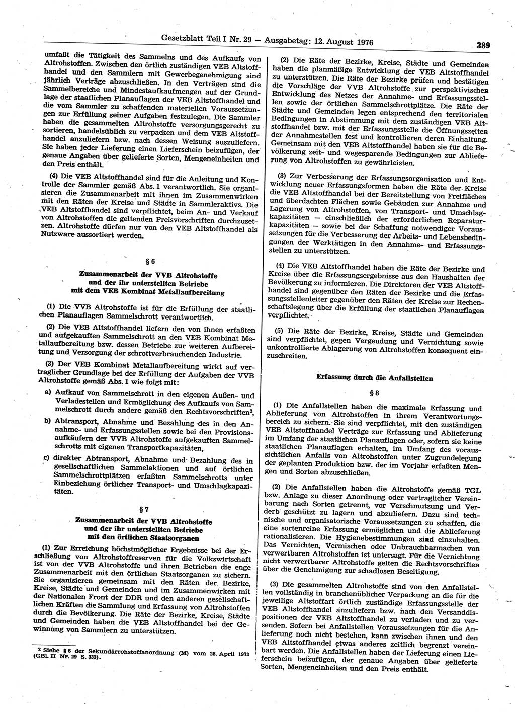 Gesetzblatt (GBl.) der Deutschen Demokratischen Republik (DDR) Teil Ⅰ 1976, Seite 389 (GBl. DDR Ⅰ 1976, S. 389)