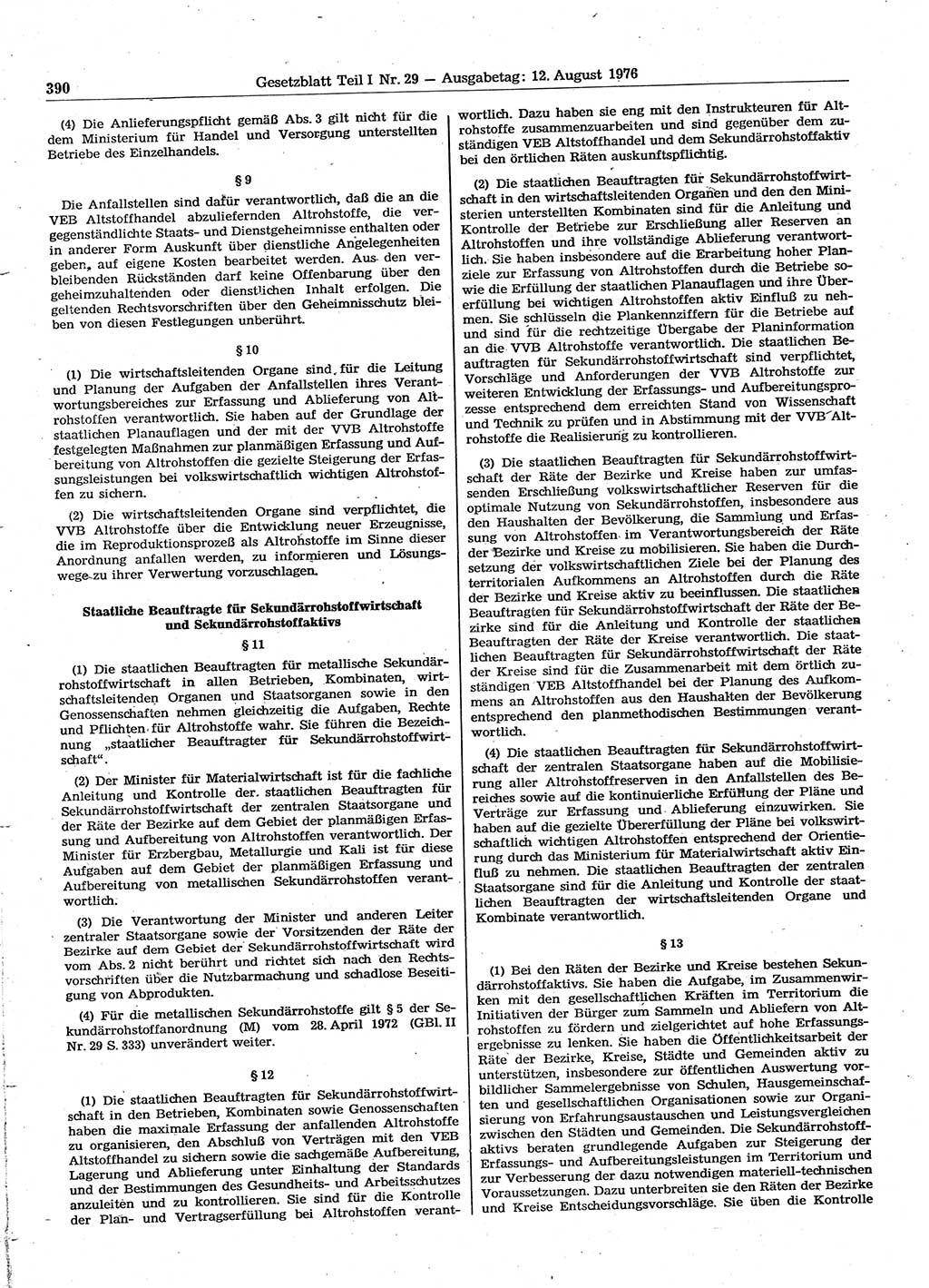 Gesetzblatt (GBl.) der Deutschen Demokratischen Republik (DDR) Teil Ⅰ 1976, Seite 390 (GBl. DDR Ⅰ 1976, S. 390)