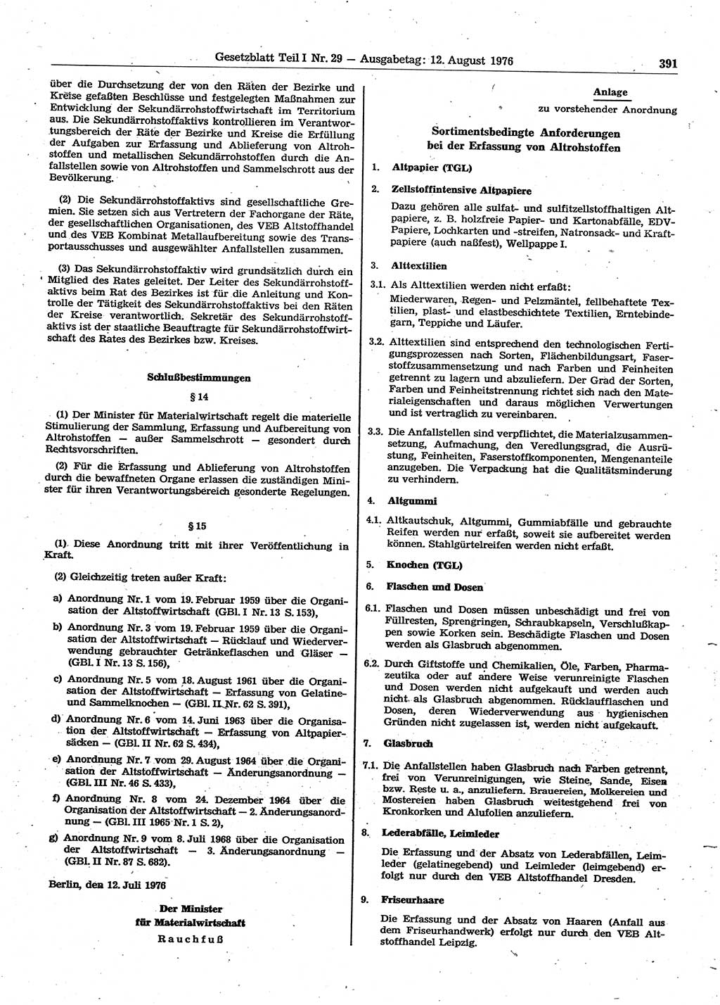 Gesetzblatt (GBl.) der Deutschen Demokratischen Republik (DDR) Teil Ⅰ 1976, Seite 391 (GBl. DDR Ⅰ 1976, S. 391)