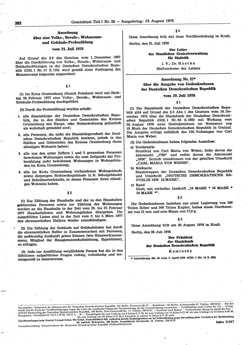 Gesetzblatt (GBl.) der Deutschen Demokratischen Republik (DDR) Teil Ⅰ 1976, Seite 392 (GBl. DDR Ⅰ 1976, S. 392)