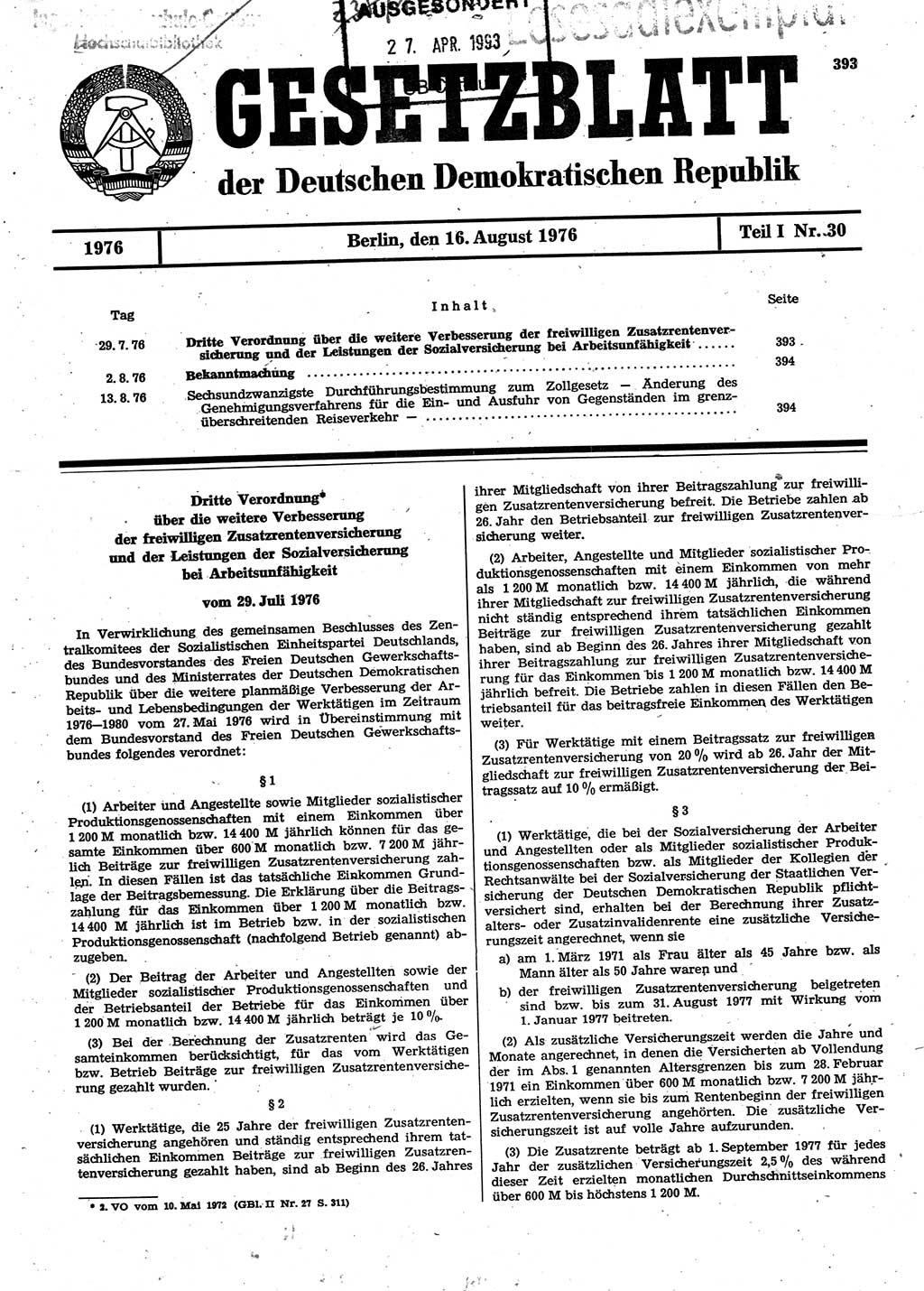 Gesetzblatt (GBl.) der Deutschen Demokratischen Republik (DDR) Teil Ⅰ 1976, Seite 393 (GBl. DDR Ⅰ 1976, S. 393)