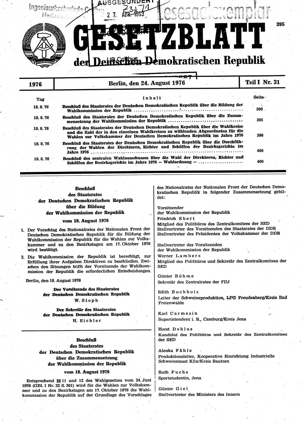 Gesetzblatt (GBl.) der Deutschen Demokratischen Republik (DDR) Teil Ⅰ 1976, Seite 395 (GBl. DDR Ⅰ 1976, S. 395)