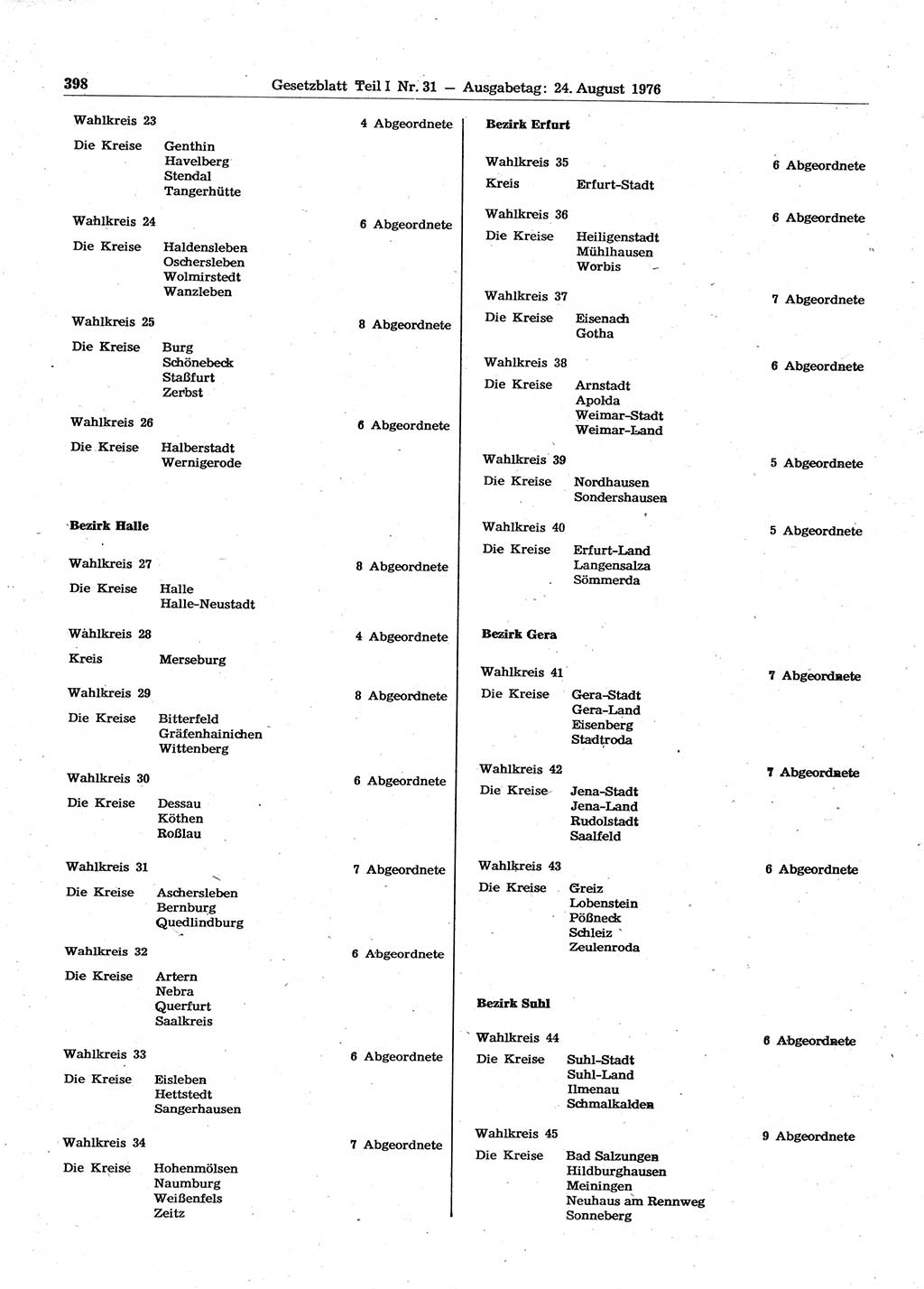 Gesetzblatt (GBl.) der Deutschen Demokratischen Republik (DDR) Teil Ⅰ 1976, Seite 398 (GBl. DDR Ⅰ 1976, S. 398)