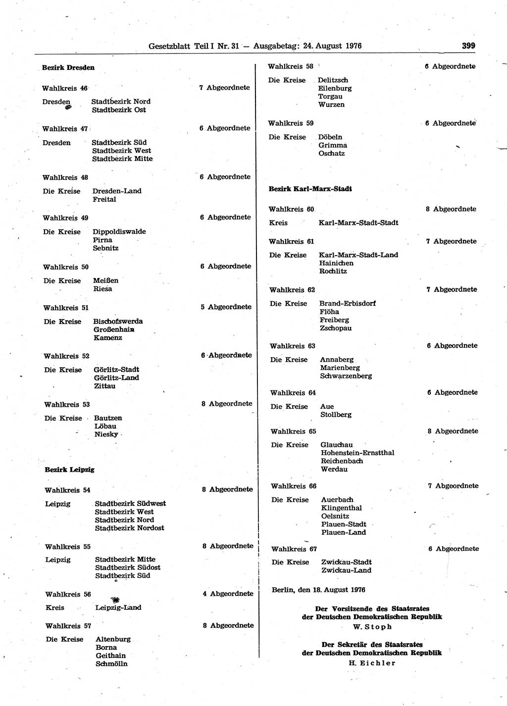 Gesetzblatt (GBl.) der Deutschen Demokratischen Republik (DDR) Teil Ⅰ 1976, Seite 399 (GBl. DDR Ⅰ 1976, S. 399)