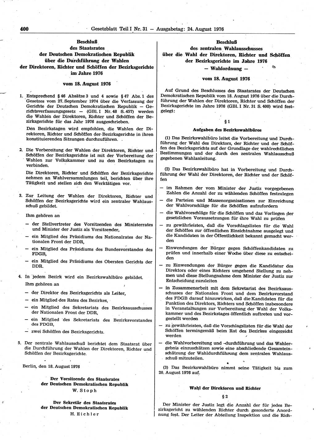 Gesetzblatt (GBl.) der Deutschen Demokratischen Republik (DDR) Teil Ⅰ 1976, Seite 400 (GBl. DDR Ⅰ 1976, S. 400)