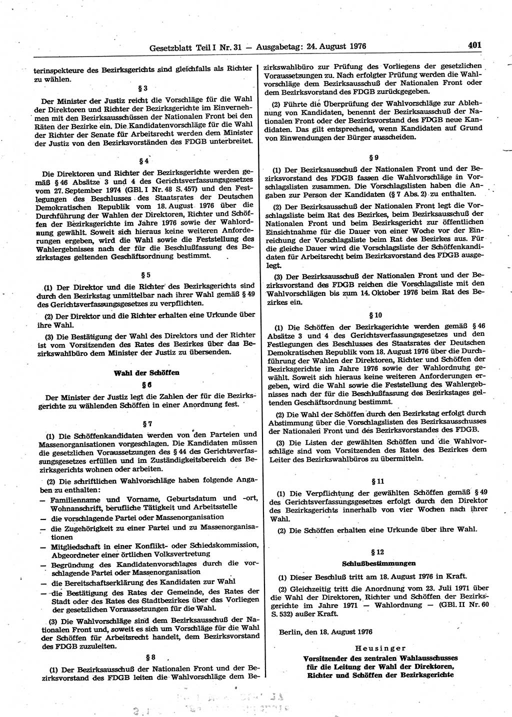 Gesetzblatt (GBl.) der Deutschen Demokratischen Republik (DDR) Teil Ⅰ 1976, Seite 401 (GBl. DDR Ⅰ 1976, S. 401)