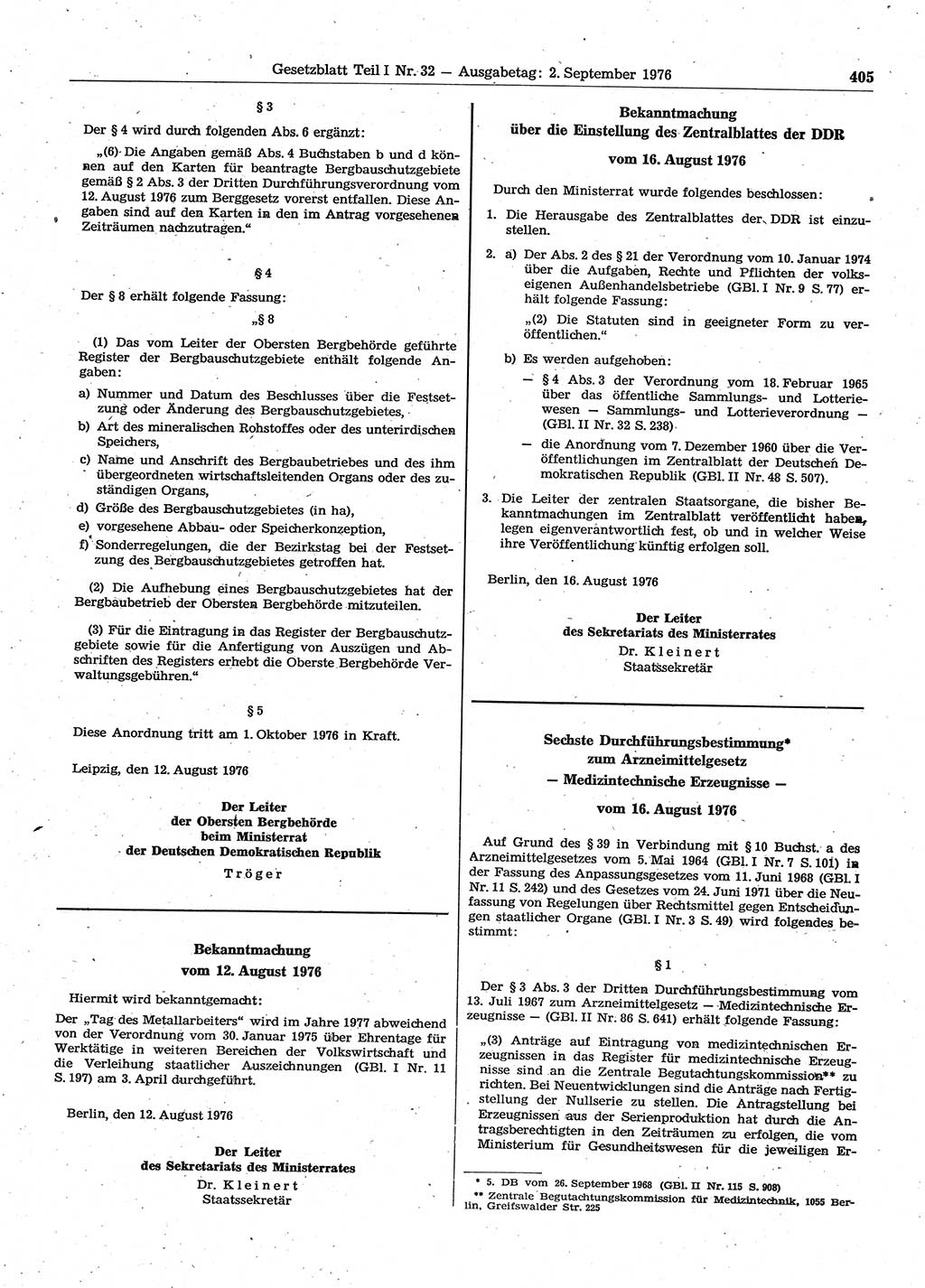 Gesetzblatt (GBl.) der Deutschen Demokratischen Republik (DDR) Teil Ⅰ 1976, Seite 405 (GBl. DDR Ⅰ 1976, S. 405)
