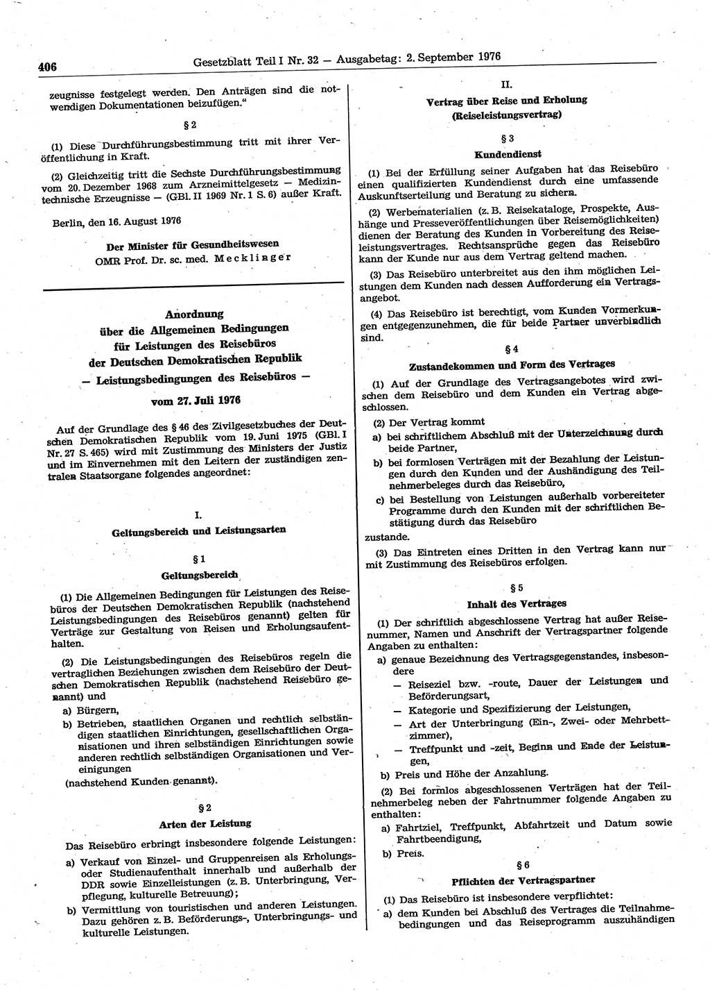 Gesetzblatt (GBl.) der Deutschen Demokratischen Republik (DDR) Teil Ⅰ 1976, Seite 406 (GBl. DDR Ⅰ 1976, S. 406)