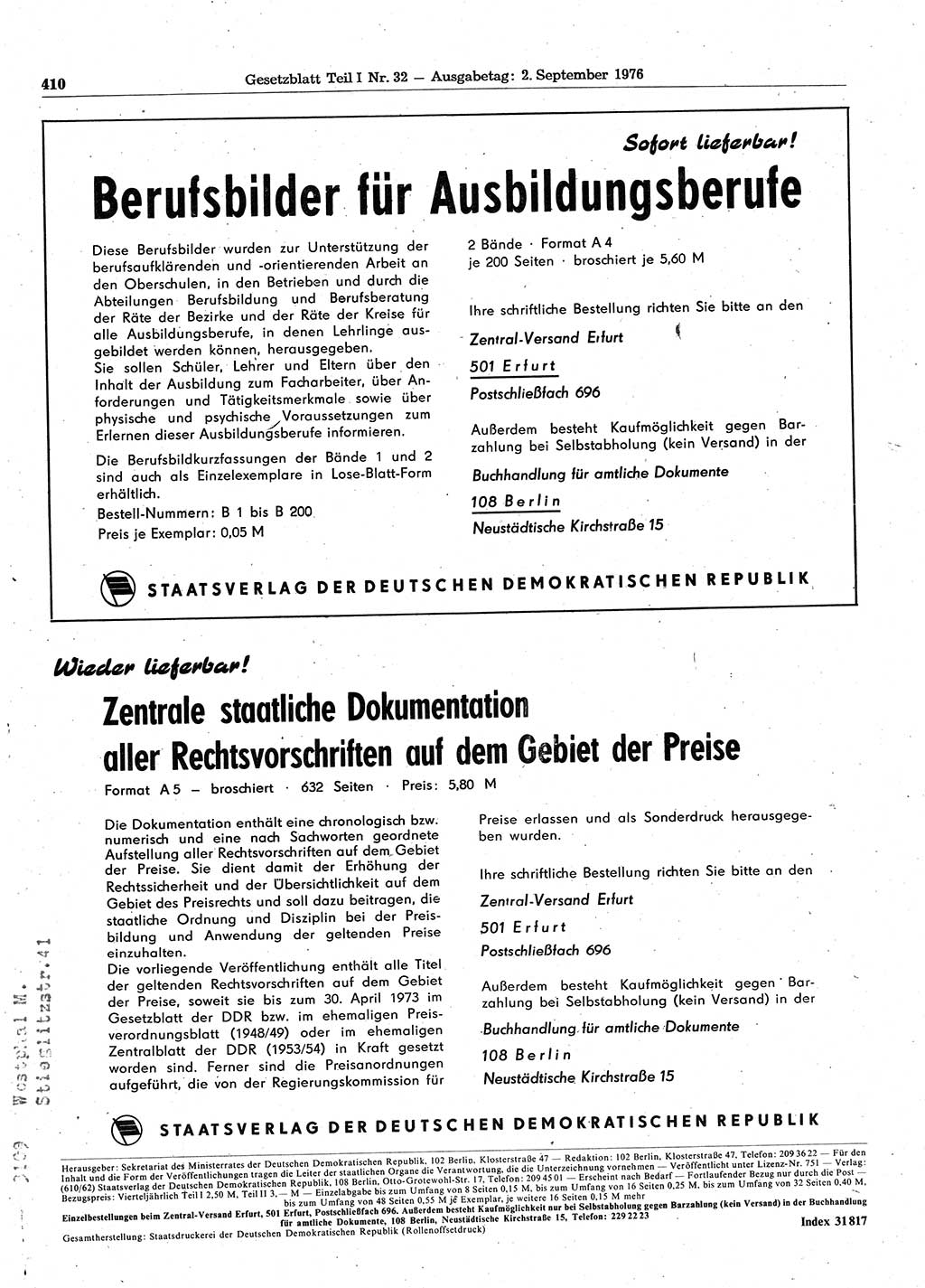 Gesetzblatt (GBl.) der Deutschen Demokratischen Republik (DDR) Teil Ⅰ 1976, Seite 410 (GBl. DDR Ⅰ 1976, S. 410)