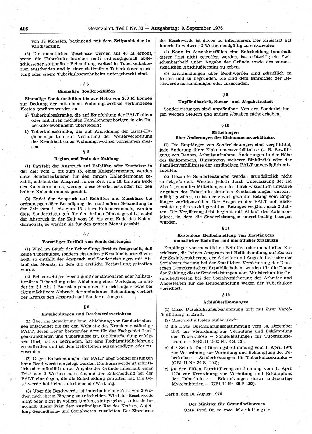Gesetzblatt (GBl.) der Deutschen Demokratischen Republik (DDR) Teil Ⅰ 1976, Seite 416 (GBl. DDR Ⅰ 1976, S. 416)