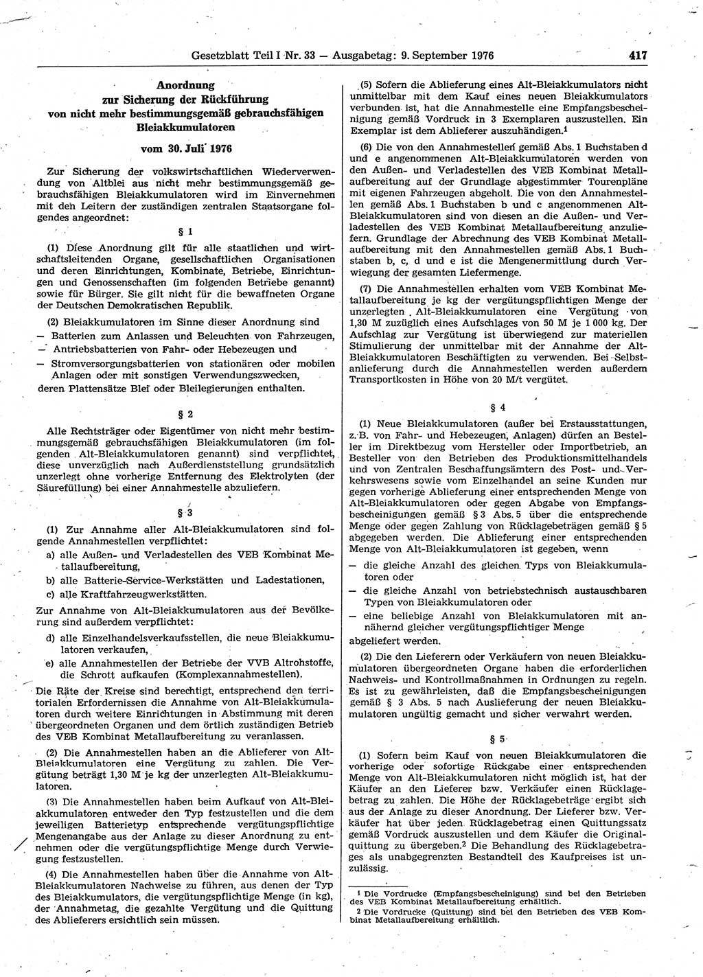 Gesetzblatt (GBl.) der Deutschen Demokratischen Republik (DDR) Teil Ⅰ 1976, Seite 417 (GBl. DDR Ⅰ 1976, S. 417)