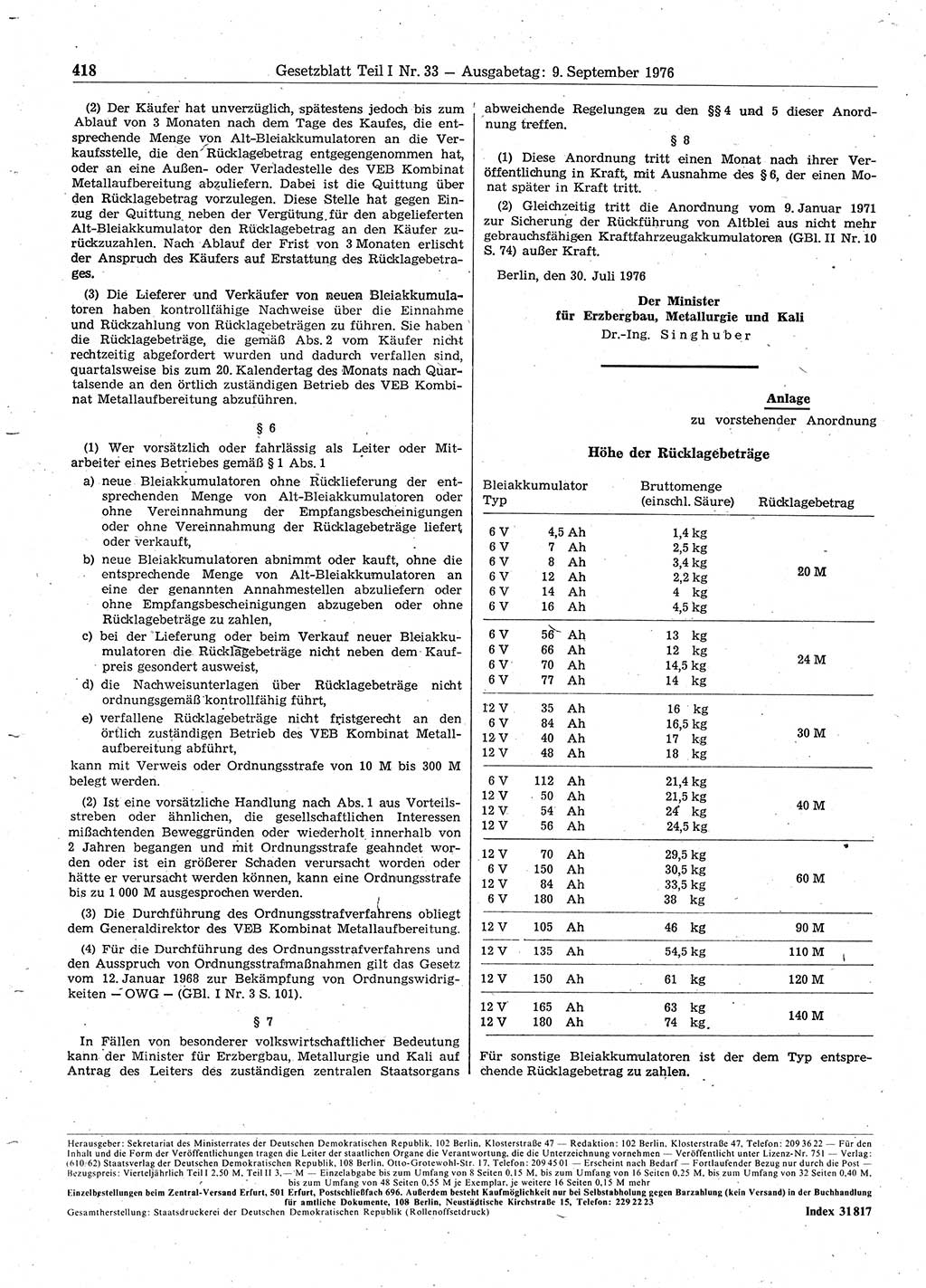 Gesetzblatt (GBl.) der Deutschen Demokratischen Republik (DDR) Teil Ⅰ 1976, Seite 418 (GBl. DDR Ⅰ 1976, S. 418)