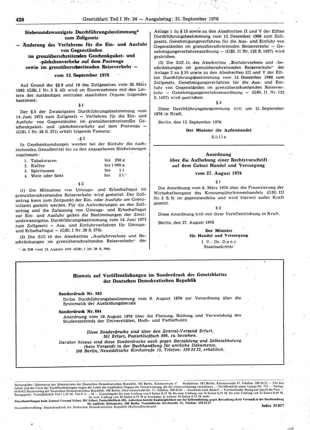 Gesetzblatt (GBl.) der Deutschen Demokratischen Republik (DDR) Teil Ⅰ 1976, Seite 420 (GBl. DDR Ⅰ 1976, S. 420)