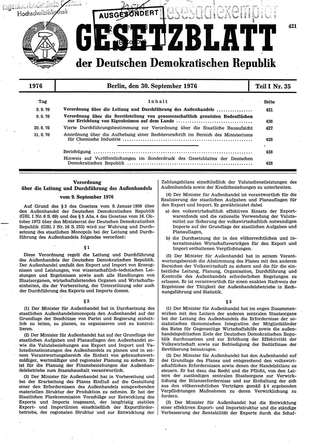 Gesetzblatt (GBl.) der Deutschen Demokratischen Republik (DDR) Teil Ⅰ 1976, Seite 421 (GBl. DDR Ⅰ 1976, S. 421)
