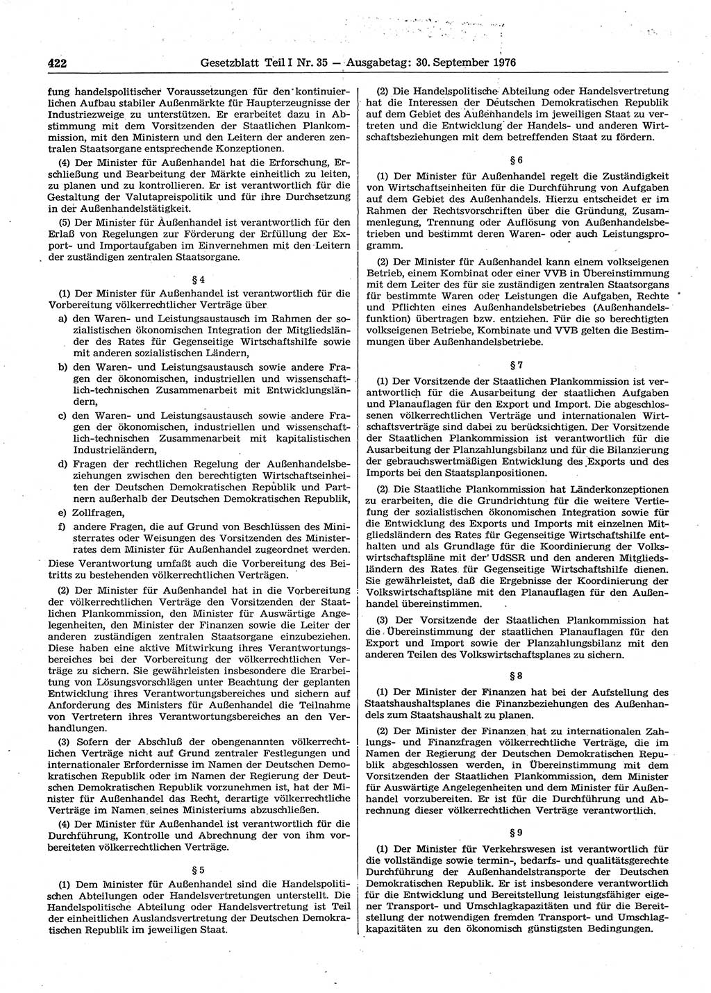 Gesetzblatt (GBl.) der Deutschen Demokratischen Republik (DDR) Teil Ⅰ 1976, Seite 422 (GBl. DDR Ⅰ 1976, S. 422)