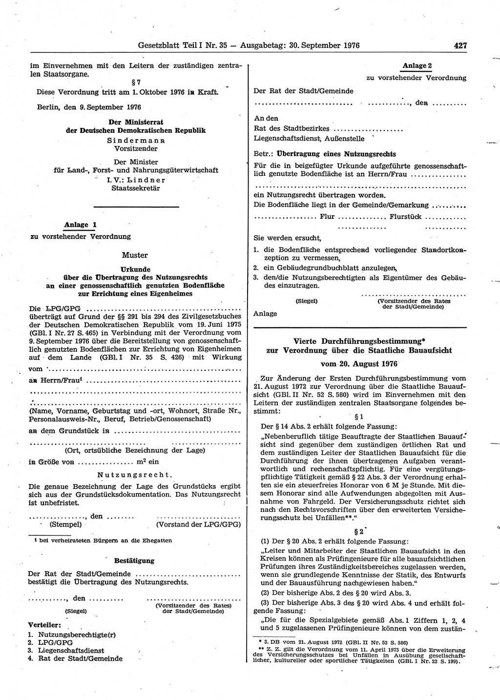 Gesetzblatt (GBl.) der Deutschen Demokratischen Republik (DDR) Teil Ⅰ 1976, Seite 427 (GBl. DDR Ⅰ 1976, S. 427)
