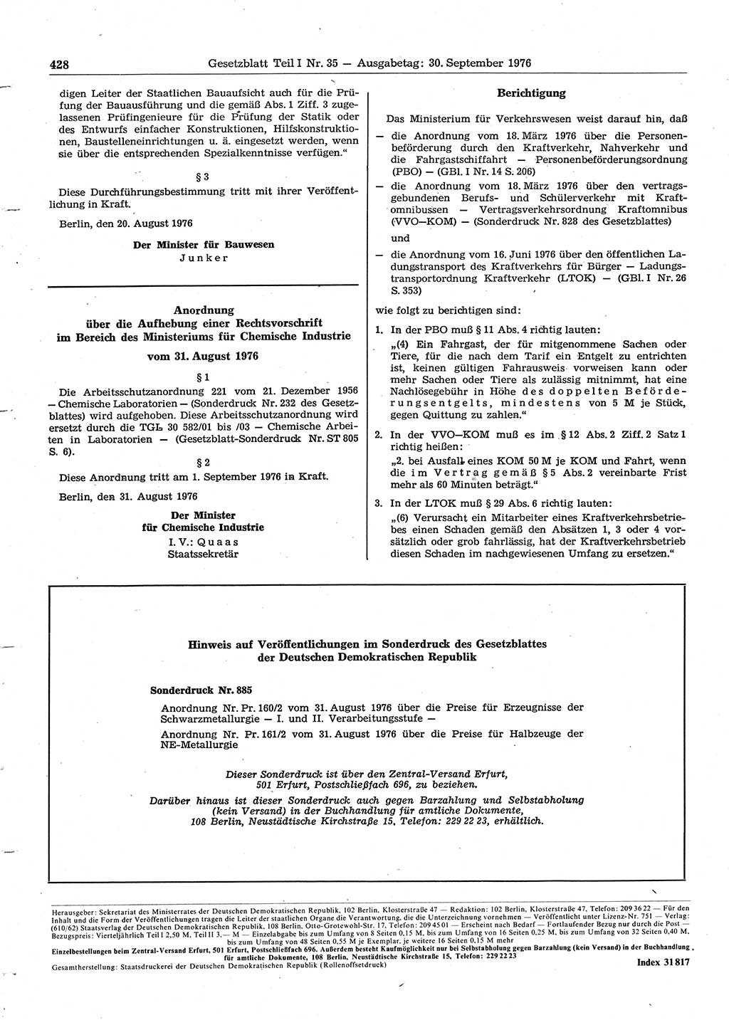 Gesetzblatt (GBl.) der Deutschen Demokratischen Republik (DDR) Teil Ⅰ 1976, Seite 428 (GBl. DDR Ⅰ 1976, S. 428)