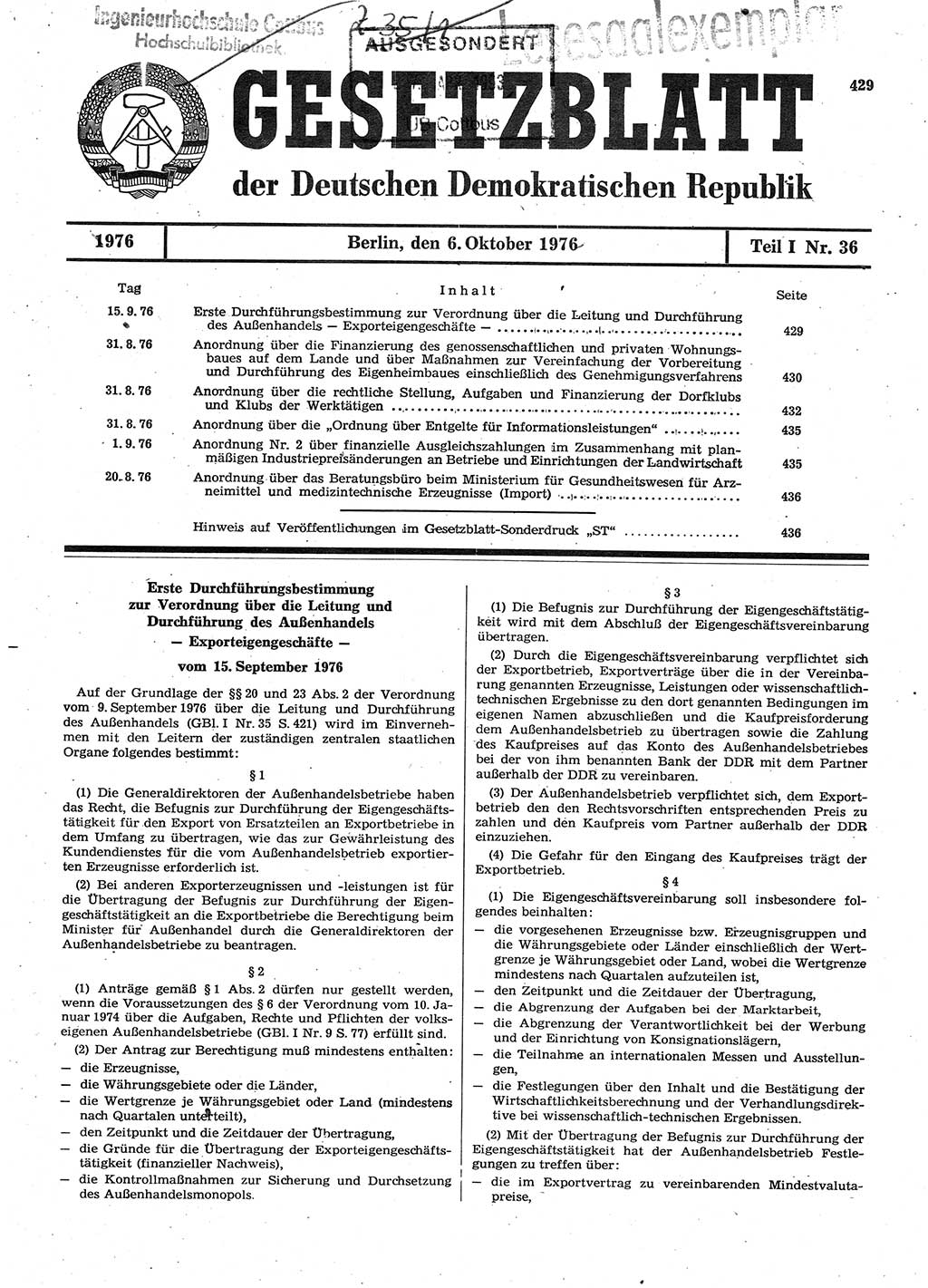 Gesetzblatt (GBl.) der Deutschen Demokratischen Republik (DDR) Teil Ⅰ 1976, Seite 429 (GBl. DDR Ⅰ 1976, S. 429)