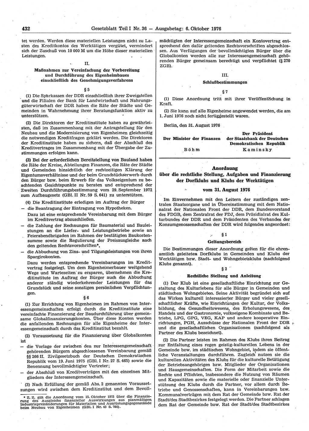 Gesetzblatt (GBl.) der Deutschen Demokratischen Republik (DDR) Teil Ⅰ 1976, Seite 432 (GBl. DDR Ⅰ 1976, S. 432)