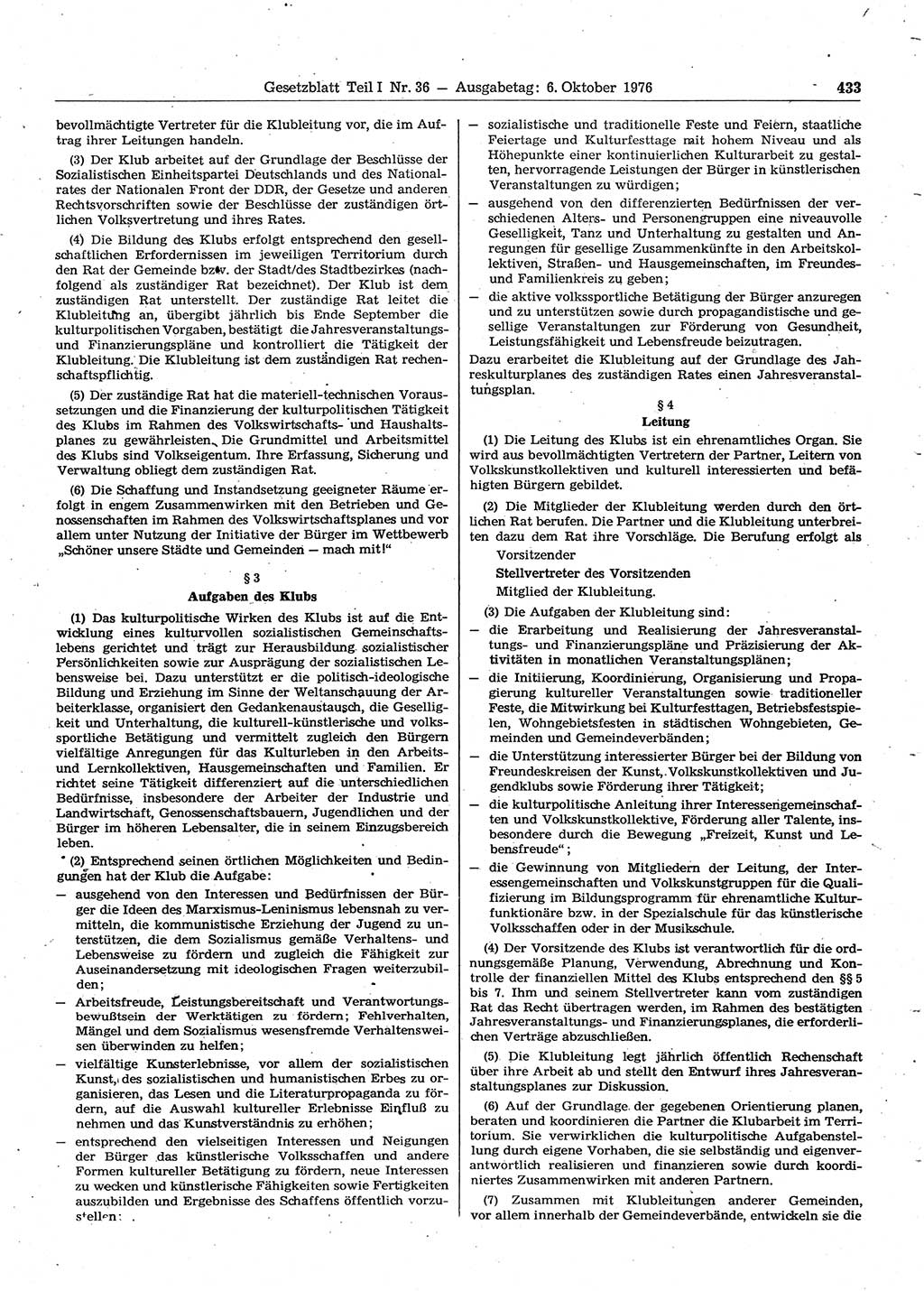 Gesetzblatt (GBl.) der Deutschen Demokratischen Republik (DDR) Teil Ⅰ 1976, Seite 433 (GBl. DDR Ⅰ 1976, S. 433)