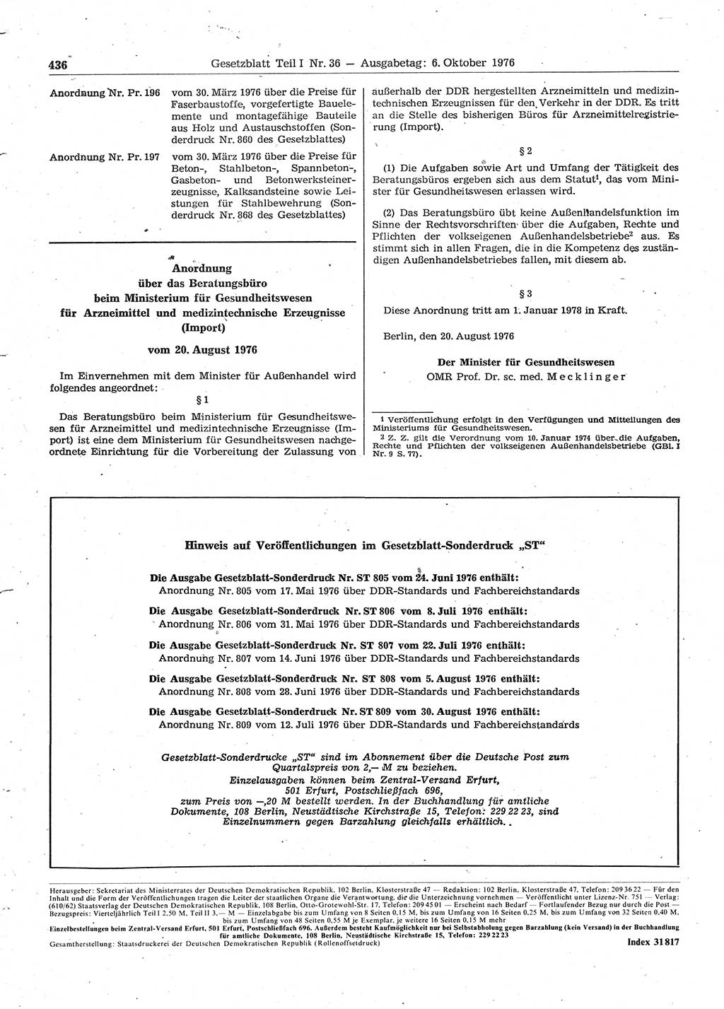 Gesetzblatt (GBl.) der Deutschen Demokratischen Republik (DDR) Teil Ⅰ 1976, Seite 436 (GBl. DDR Ⅰ 1976, S. 436)