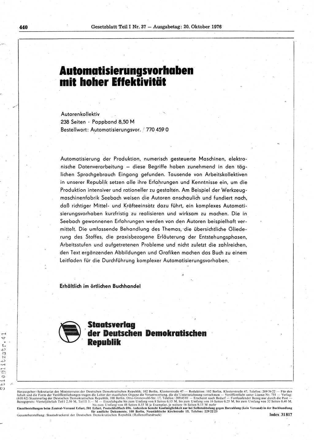 Gesetzblatt (GBl.) der Deutschen Demokratischen Republik (DDR) Teil Ⅰ 1976, Seite 440 (GBl. DDR Ⅰ 1976, S. 440)