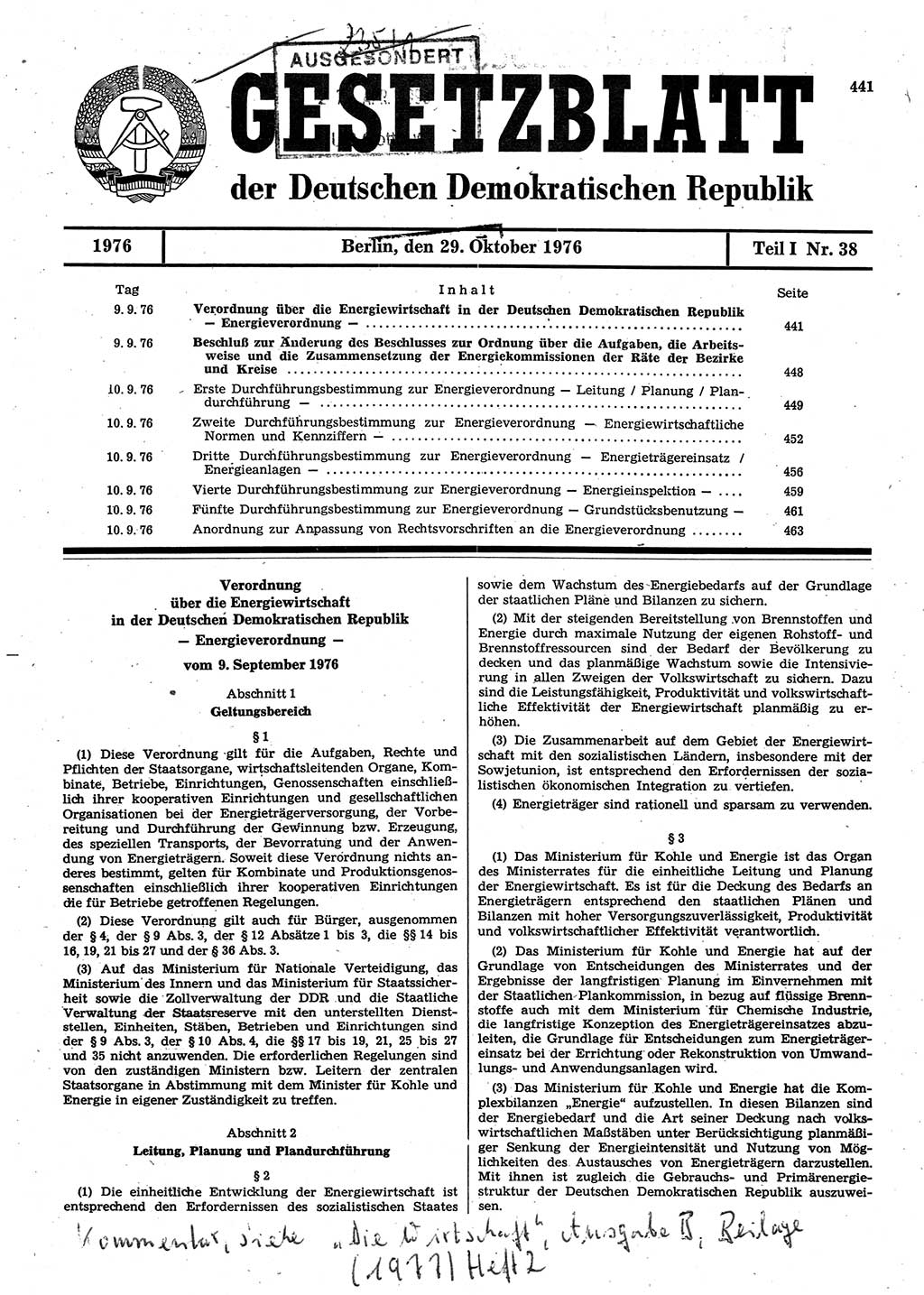 Gesetzblatt (GBl.) der Deutschen Demokratischen Republik (DDR) Teil Ⅰ 1976, Seite 441 (GBl. DDR Ⅰ 1976, S. 441)